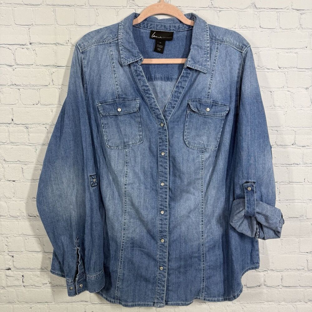 Lane Bryant Blouse Denim Women Size 24 Snap Button Chambray Roll Tab Sleeve Top